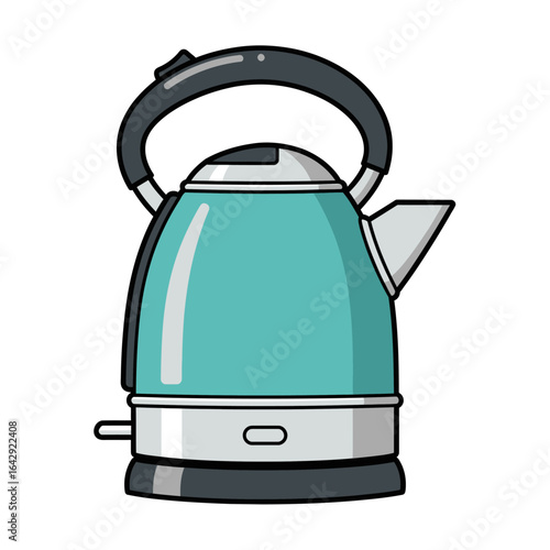 Cartoon illustration of a teal-colored electric kettle with a handle and spout.