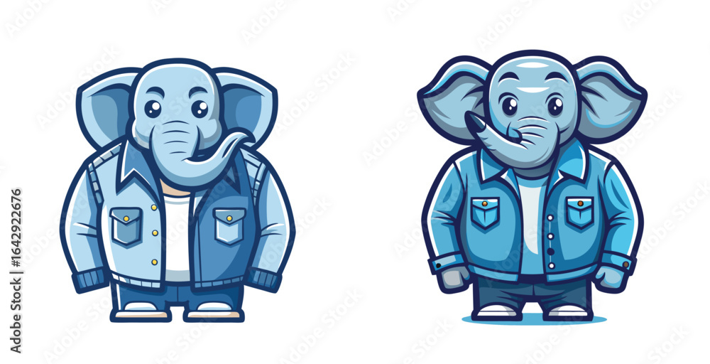 Fototapeta premium Stylish Elephant Mascot Wearing Classic Denim Jacket Fashion Vector Logo Design