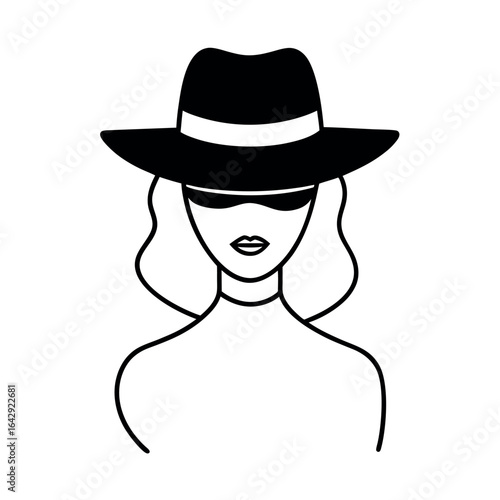 Woman with hat obscuring her eyes and lips in elegant line art Vector illustration