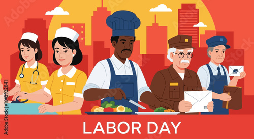 Labor Day celebration featuring nurses, chef, soldier, and mail carrier, a tribute to essential workers