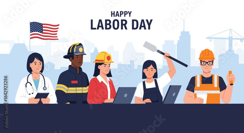 Happy Labor Day celebration with diverse professionals, American flag, and city background