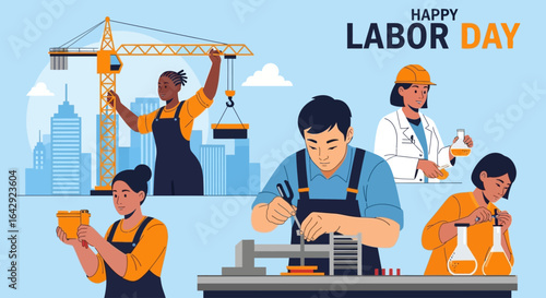 Happy Labor Day celebration with diverse professionals working diligently and achieving success