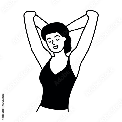 Woman stretching arms up while yawning or stylish posing Vector illustration