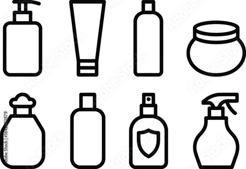 Outline Style Art Cosmetic Bottles, Cream Jar, Tube on Transparent Background