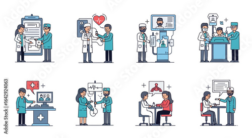 Medical professionals providing patient care, offering check-ups, diagnosis, and treatment in hospital