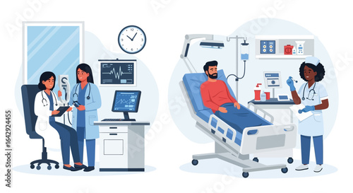 Doctors and nurses providing care to patient in hospital room, medical illustration concept