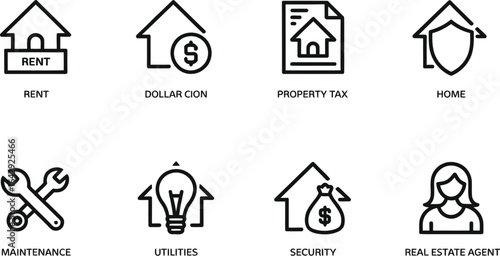 Real Estate Icons Set, Home Rent, Dollar Sign, Tax, Maintenance, and Security Icons