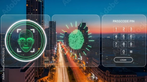 Biometric security system for city access featuring facial recognition, fingerprint scan, and numeric passcode over urban road.