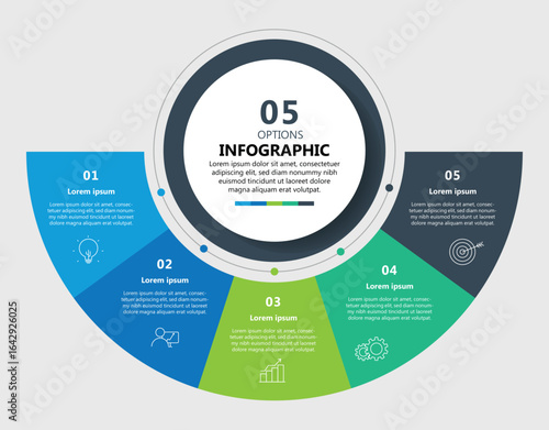 Circular infographic chart with five colored segments showing numbered options, icons, and placeholder text for data presentation and business concepts	