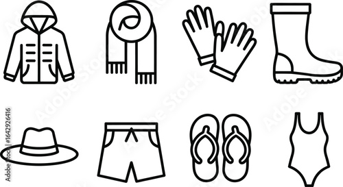 Seasonal Clothing Icons Hoodie, Scarf, Gloves, Boot, Hat, Shorts, Sandals, Swimsuit