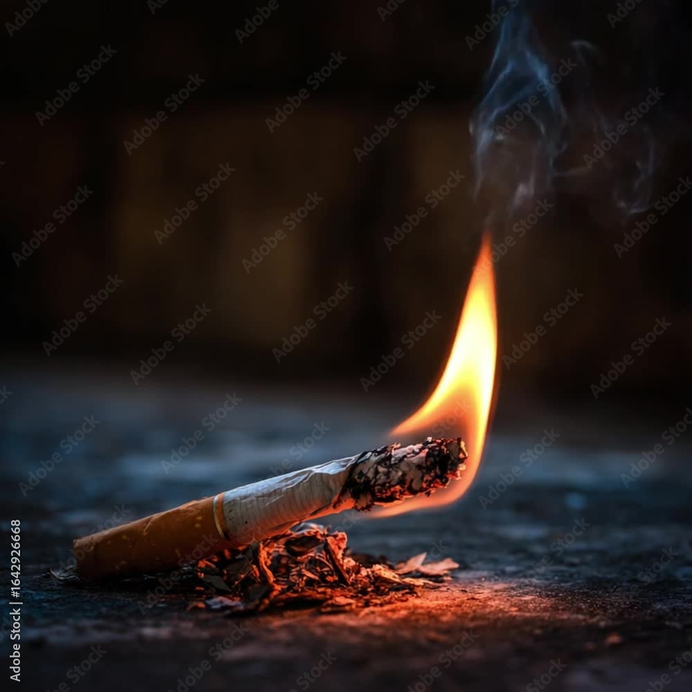 Flaming cigarette in dim: A striking macro captures the fiery moment of ...