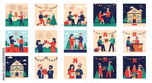 Delightful festive season illustrations showcasing joyous gift exchanges and holiday cheer for heartwarming projects
