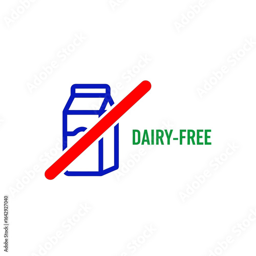 Dairy-free symbol with a milk carton icon crossed out in red, next to the words "DAIRY-FREE" in green.