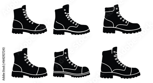 Six Black Combat Boots in Varied Positions on a White Background