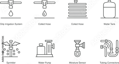 Set of Irrigation Systems Line Icons Drip, Hose, Tank, Sprinkler, Pump, Sensor