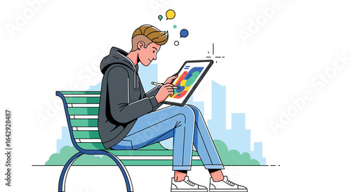 Young Man Creating Digital Art on Tablet in Park - Vector Illustration