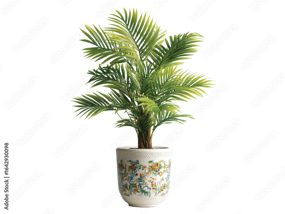 Fototapeta premium Lush green palm tree in a decorative pot a vibrant indoor isolated on transparent background png