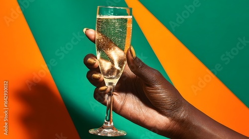 A hand holding a champagne flute against a backdrop of vibrant colors.