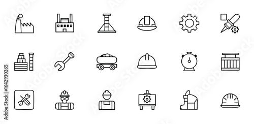 Industrial & Factory Labor Outline Icon Collection — Manufacturing, Production, and Logistics Vector Illustrations for Industry and Workforce Branding