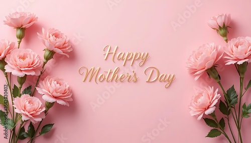 Elegant "Happy Mother's Day" banner design featuring delicate pink carnations, arranged artistically along the top and sides against a soft pink background
