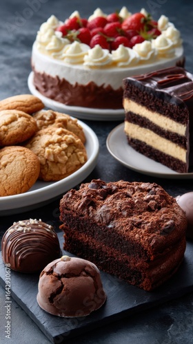 Wallpaper Mural Selection of sweet treats like cakes, cookies, and chocolates displayed on a dark stone background.  Torontodigital.ca