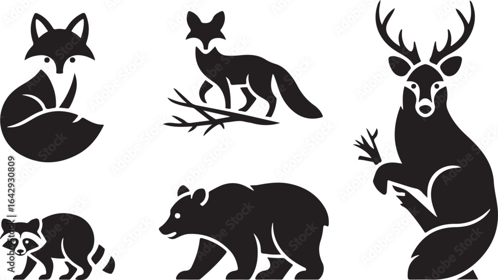 Fototapeta premium Stylized Black Silhouettes of Forest Animals: Fox, Deer, Bear, Raccoon