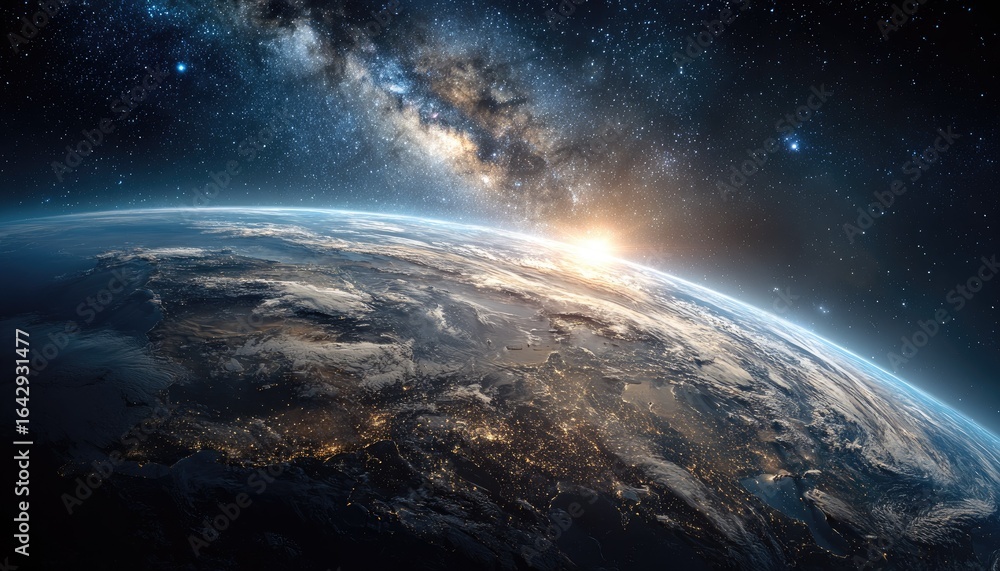 Obraz premium Sunrise over Earth, showcasing a portion of the planet with city lights, clouds, and the Milky Way galaxy in the background