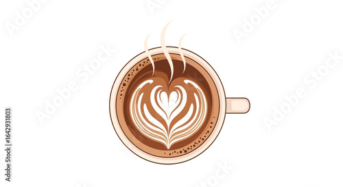 Aromatic hot coffee cup with expertly crafted heart foam art. Top-down vector illustration of a morning cappuccino.