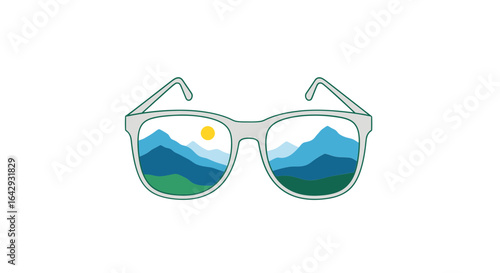 A fresh perspective on nature, featuring a mountain landscape with sun reflected in eyeglass lenses. Adventure concept.