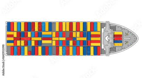 A precise plan view illustration of a container vessel fully loaded with colorful freight containers for global shipping.