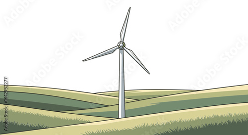 Clean energy concept with a wind turbine on a green hill. An illustration of sustainable technology in nature.