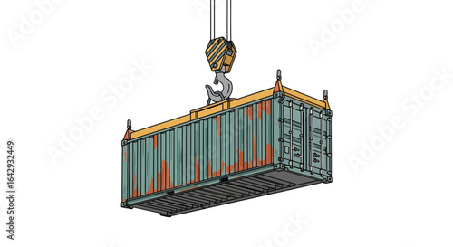 Industrial Cargo Container Being Lifted by Powerful Crane Hook, Symbolizing Global Logistics and Efficient Shipping Transportation