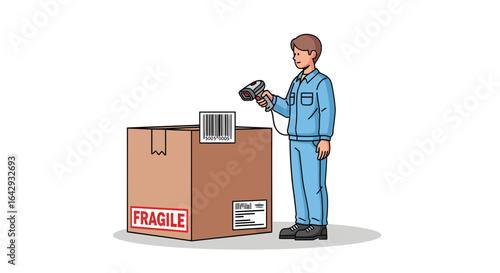 Warehouse worker scanning barcode on fragile package in logistics shipment