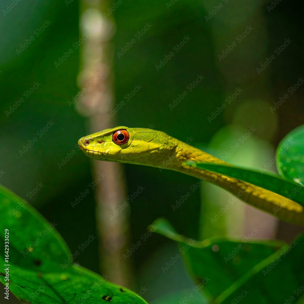Obraz premium Close-up of a vibrant green snake with red eyes, partially concealed in lush green foliage