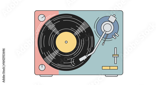 Minimalist record player illustration with a vinyl disc. A retro turntable graphic for classic analog audio and musical hobbies.