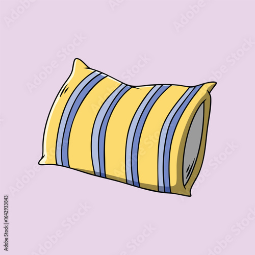 Yellow pillow with blue stripes on a purple background