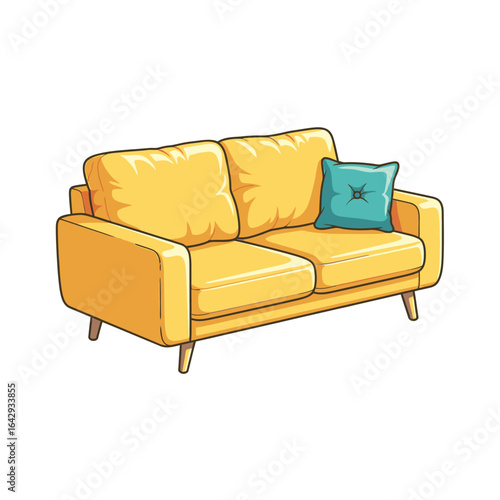 A vibrant yellow two-seater sofa with a teal pillow, depicted in a cartoon style.