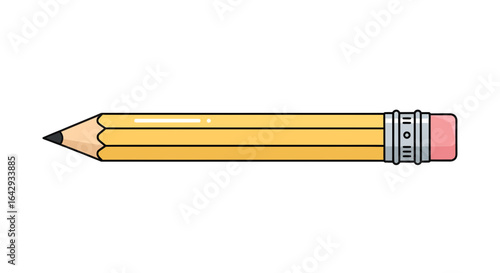 Minimalist yellow wooden pencil illustration with pink eraser, a fundamental tool for writing, drawing, and schoolwork.