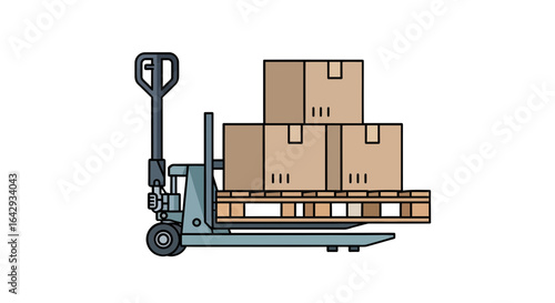 Efficient warehouse logistics illustration featuring a pallet jack swiftly moving stacked cardboard boxes on a wooden pallet, symbolizing streamlined shipping and distribution processes.