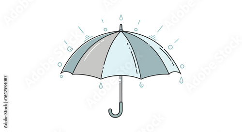 Stylized line art illustration of an open umbrella under raindrops, isolated weather protection concept