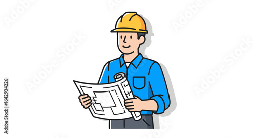 Vector illustration of an engineer in a hard hat examining a blueprint. Male construction worker or foreman character for industrial design.