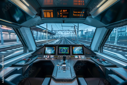 Detailed view inside a modern train control cabin with view of tracks.
