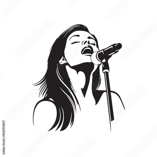 Vector sketch illustration of a young woman singing in front of a sound mixing console sisolated on a white background