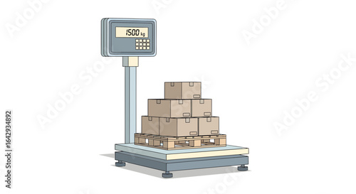 Digital weighing scales with stacked cardboard boxes on a pallet. Isolated vector art for shipping, logistics, and industry concepts.