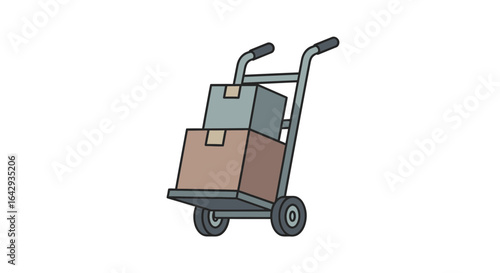 Illustration of a hand truck dolly loaded with stacked cardboard boxes for moving, delivery, and logistics. Flat vector icon isolated on white.
