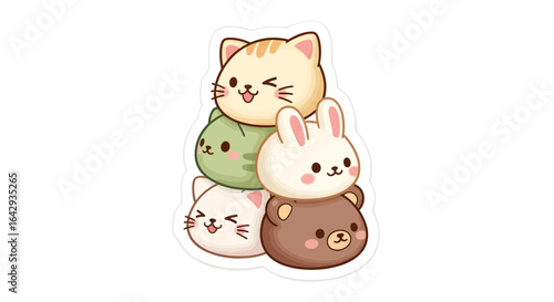 Adorable kawaii illustration of a stack of cute animal friends, including a winking cat, rabbit, and bear in a happy cartoon pile.