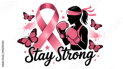 The image is an illustration with a pink breast cancer ribbon and a silhouetted female boxer. Butterflies and the words 