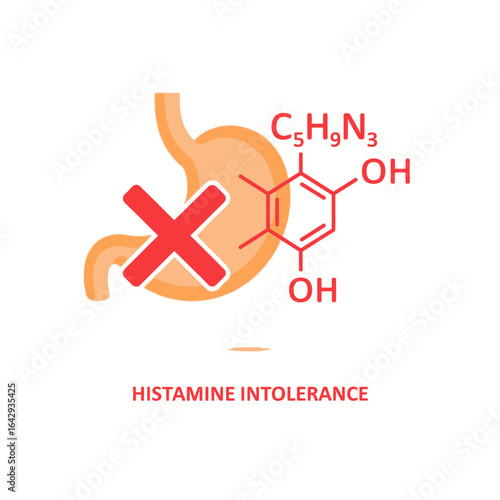 Depiction of histamine intolerance, showing a stomach with a red "X" and chemical structure.