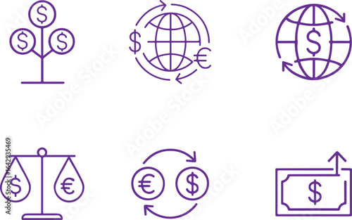 Collection of six modern flat design financial icons representing global finance and currency exchange concepts