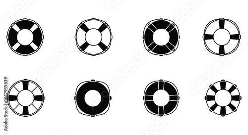 Black and white illustrations of various life preserver rings on white background